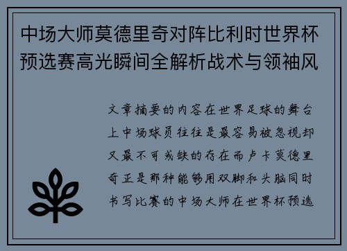 中场大师莫德里奇对阵比利时世界杯预选赛高光瞬间全解析战术与领袖风采