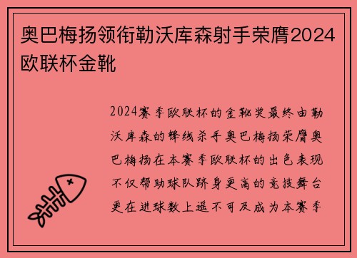奥巴梅扬领衔勒沃库森射手荣膺2024欧联杯金靴
